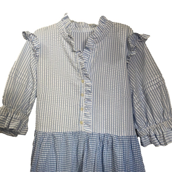 Blue White Seersucker Gingham Ruffle Tiered Prairie Cottagecore Maxi Dress S/M - Picture 8 of 16